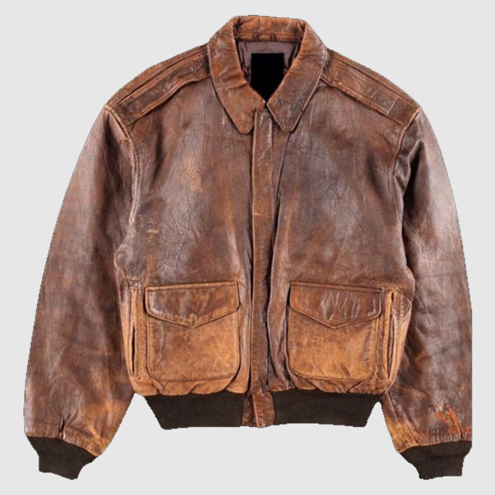 80s A2 Flight Vintage Style Military Real Leather Jacket Distressed Bomber Coat Front