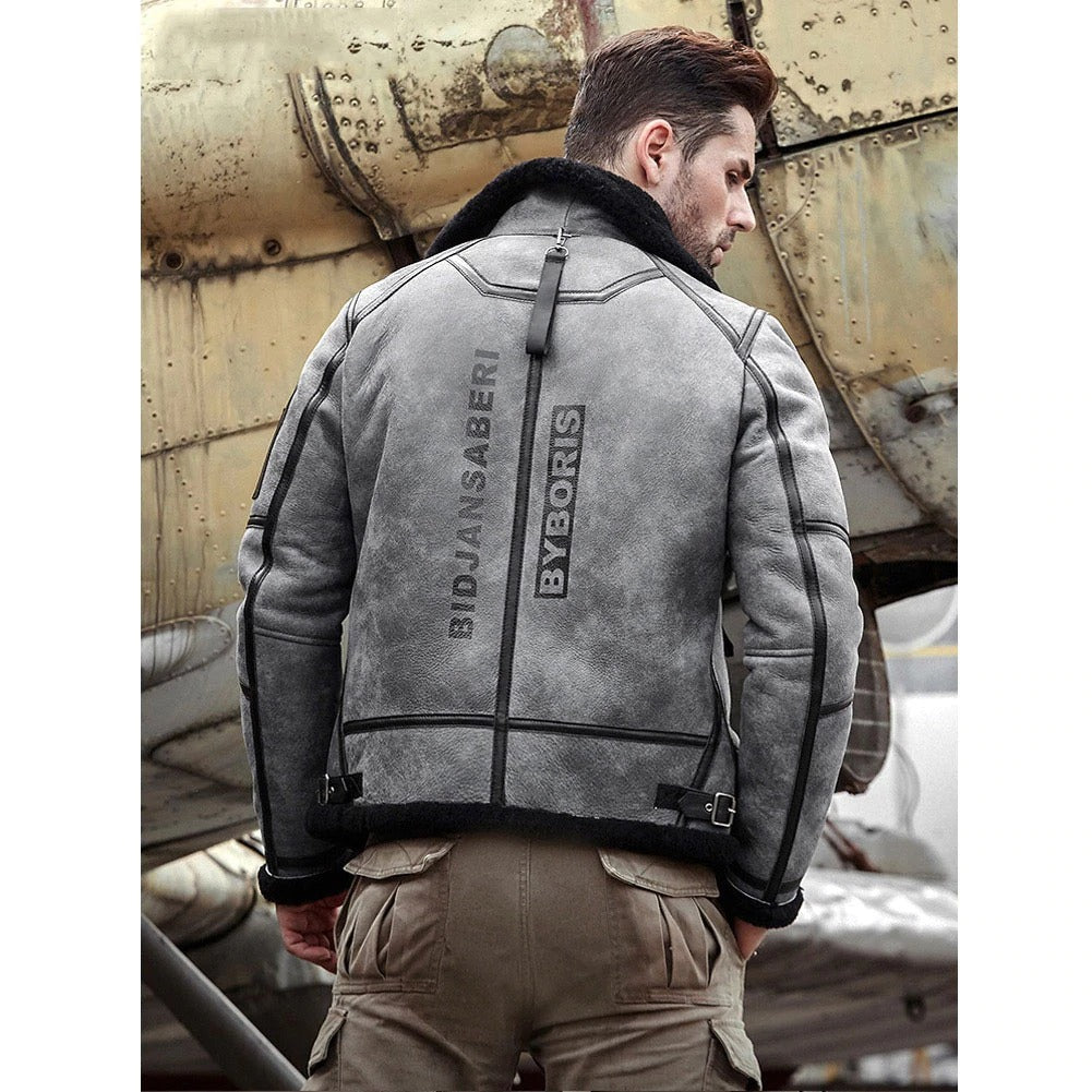 B3 Bomber Jacket Grey Shearling Jacket Back