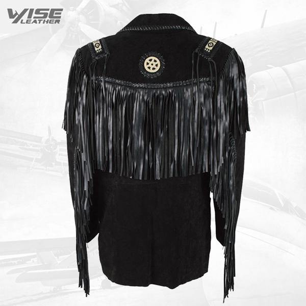 Black Boar Suede Hand Laced Bead Fringed Jacket Trimmed Coat