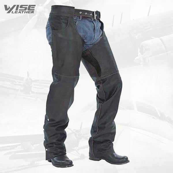 BLACK PREMIUM LEATHER MOTORCYCLE SOFT COWHIDE CHAPS - Wiseleather