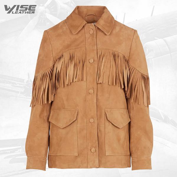 Beige Fringed Suede Leather Jacket With Classic Collar - Wiseleather