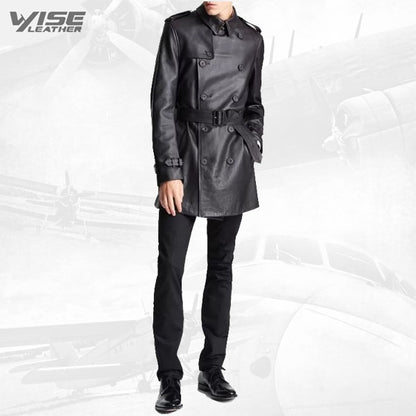 Belted Fashion Soft Lambskin Black Leather Trench Coat for Men