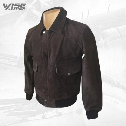 Dark Brown Bomber Style Suede Leather Jacket - Wiseleather