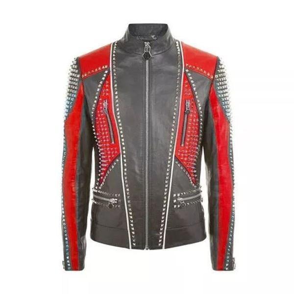 Best Choice Studded Punk Men Leather Fashion Jacket With Red - Wiseleather