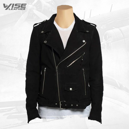 Biker Style Suede Leather Jacket With Waist Belt - Wiseleather