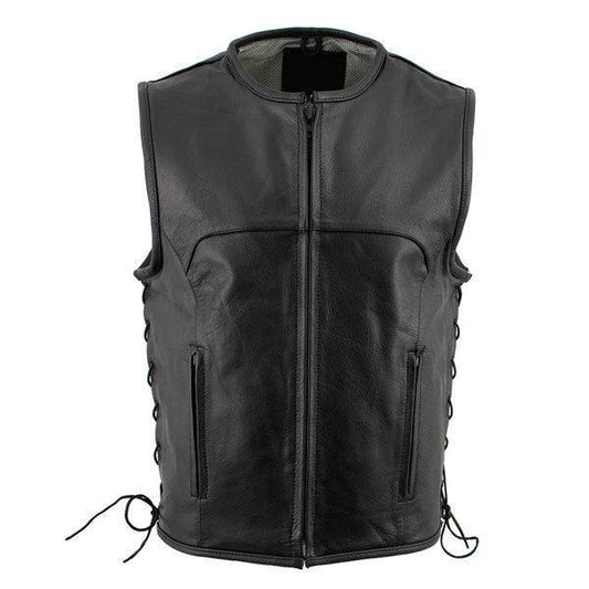 Black Advanced Collarless Leather Motorcycle Vest - Wiseleather