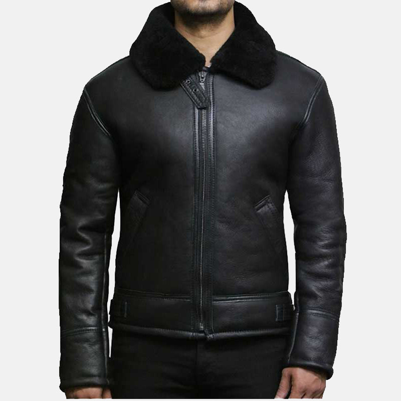 Black B3 Real Shearling Sheepskin Leather Jacket For Mens