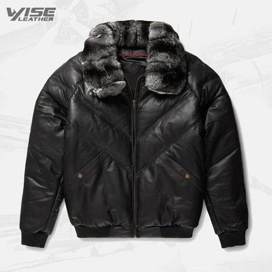 Black Leather Chinchilla Collar V Bomber Jacket - Wiseleather