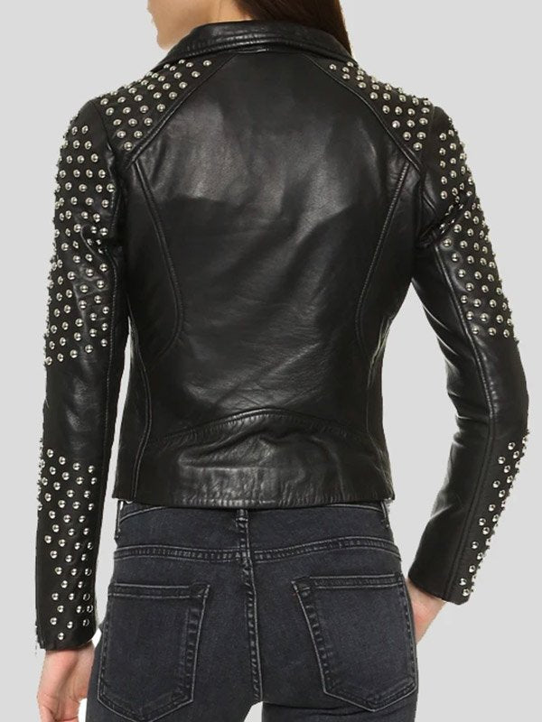 Black Motorcycle Leather Studded Jacket For Womens