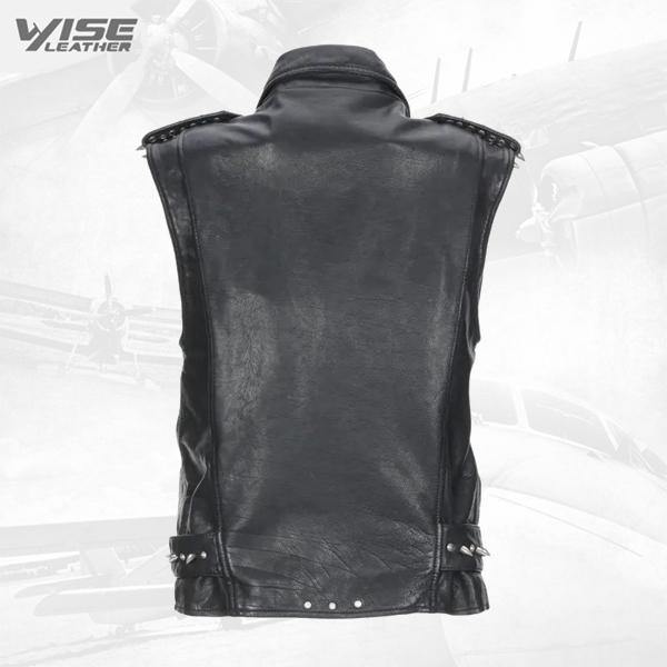 Black Calfskin Studded Biker Leather Vest - Wiseleather