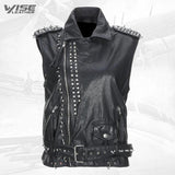 Black Calfskin Studded Biker Leather Vest - Wiseleather