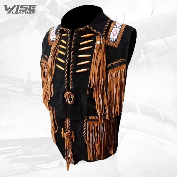 Black Cowboy Suede Leather Fringes, Bones & Beads Stylish Vest - Wiseleather