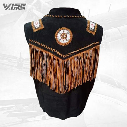 Black Cowboy Suede Leather Fringes, Bones & Beads Stylish Vest - Wiseleather