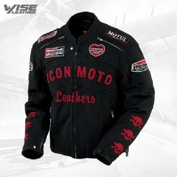 Black Icon Moto Motorcycle Leather Jacket with CE Approved Armor
