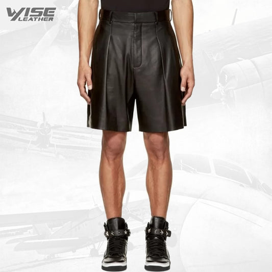Black Leather Pleated Shorts for Men