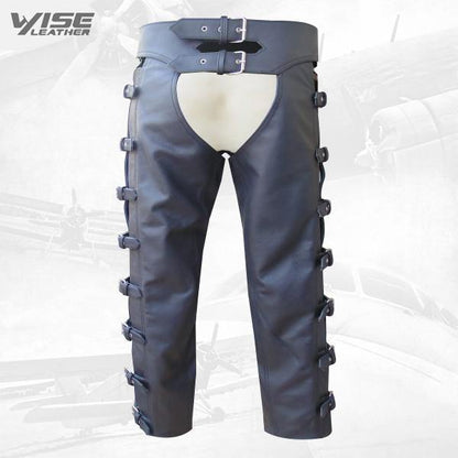 Black Leather With Side Buckle on The Outer Leg Edge Leather Chaps - Wiseleather