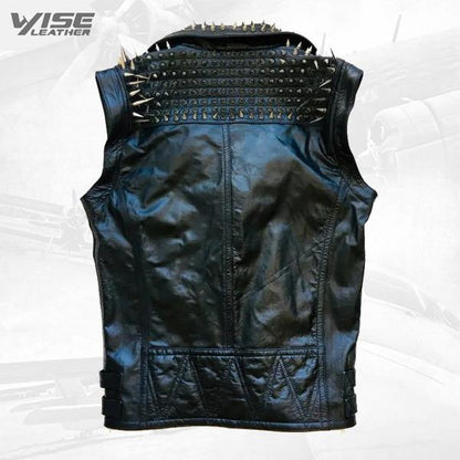 Black Punk Silver Long Spiked Studded Leather Buttons Up Vest - Wiseleather