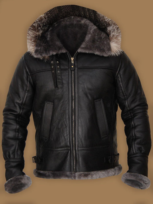 Black Shearling Hooded Jacket
