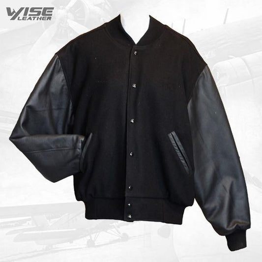 Black Wool Varsity Jacket with Leather Sleeves