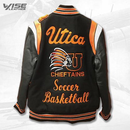Utica Varsity Jacket in Black - Sleek Sophistication School Spirit Outerwear