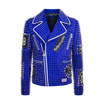 Blue Color Studded Punk Men Leather Fashion Jacket - Wiseleather