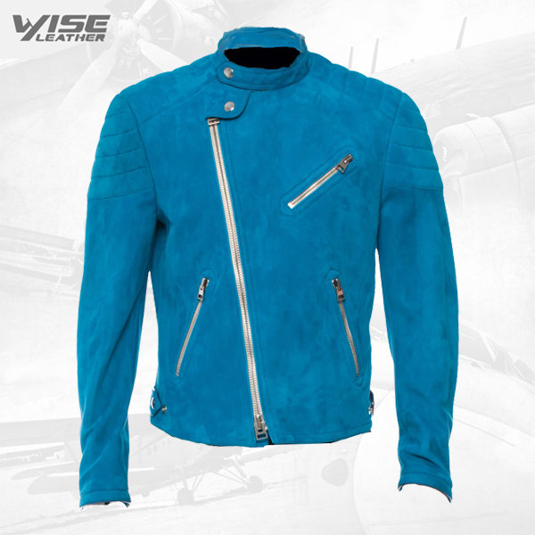 Blue Suede Jacket With Snap Collar