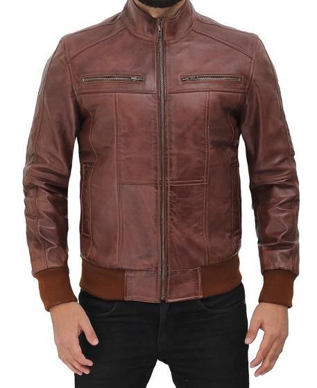 Brown Leather Bomber Jacket for Men - Wiseleather