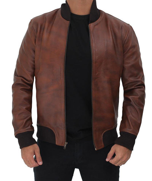 Mens Distressed Brown Bomber Leather Jacket - Wiseleather