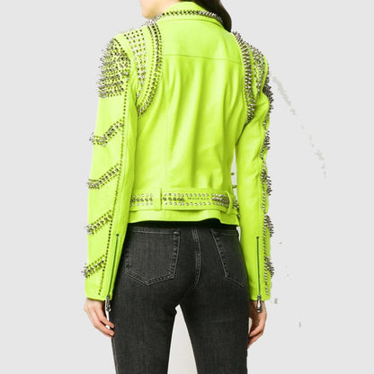 Brando Green Spiked Leather Lapel Fastener Women Studded Jacket