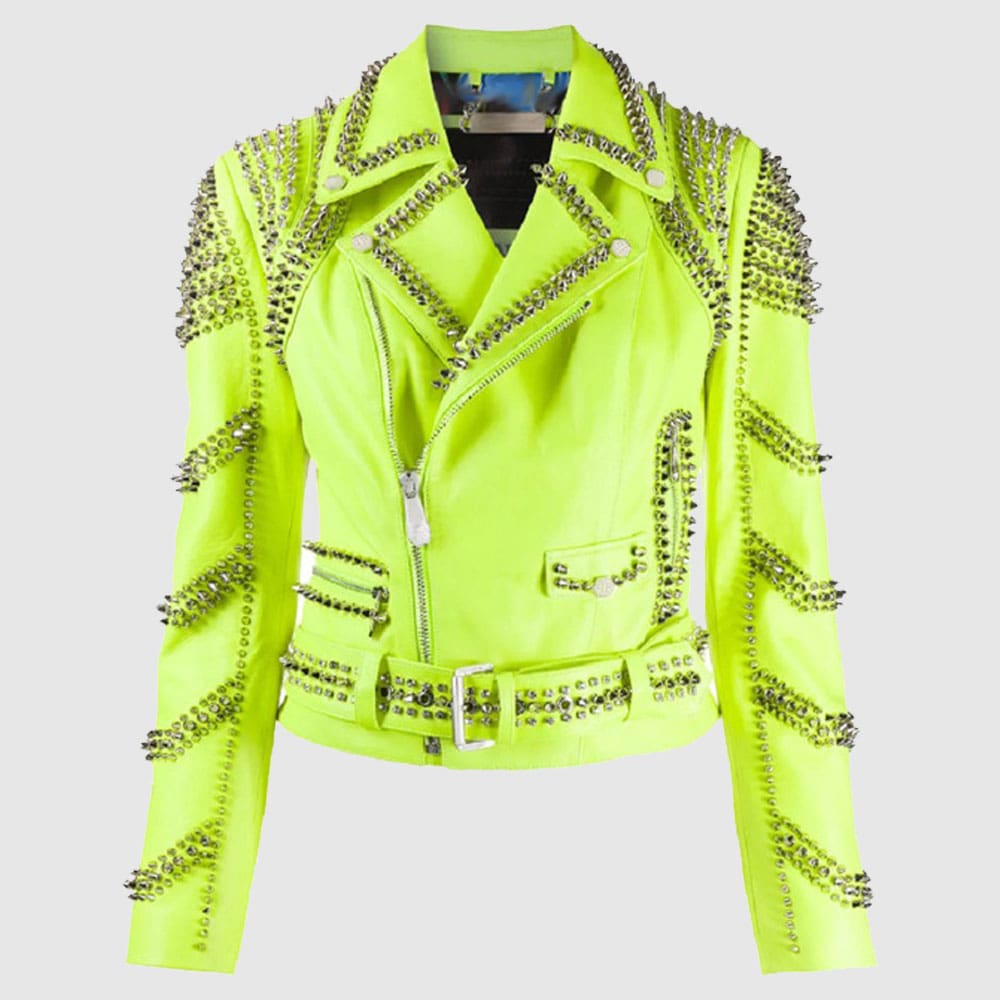 Brando Green Spiked Real Leather Lapel Fastener Women Studded Belted Jacket