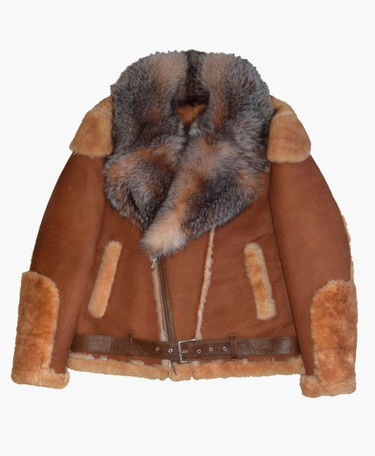 Brown Pilot Leather Jacket with Fur