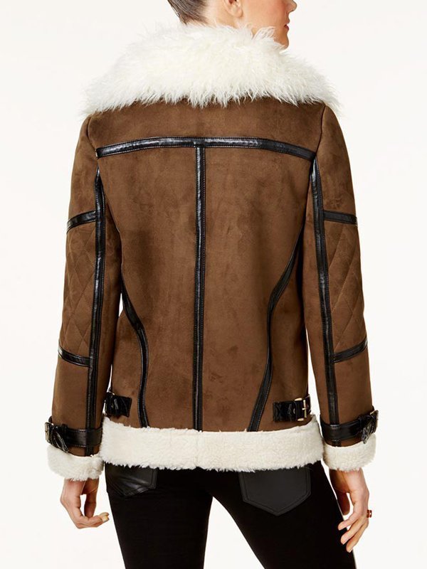 Brown Shearling Asymmetrical Leather Jacket For Womens