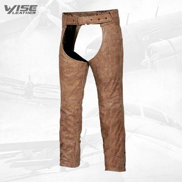 Brown Arizona Mens Leather Motorcycle Biker Chaps with Jeans Pocket - Wiseleather