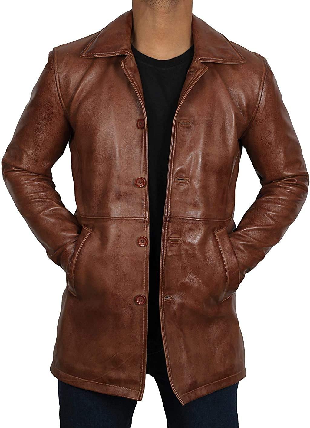 Distressed Brown Lambskin Leather Jacket for Men