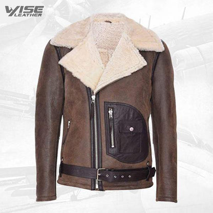 Brown Merino Sheepskin Leather Biker Jacket for Men