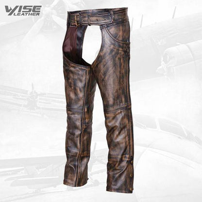Brown Mens Distressed look Leather Motorcycle Biker Chaps with Jeans Pocket - Wiseleather