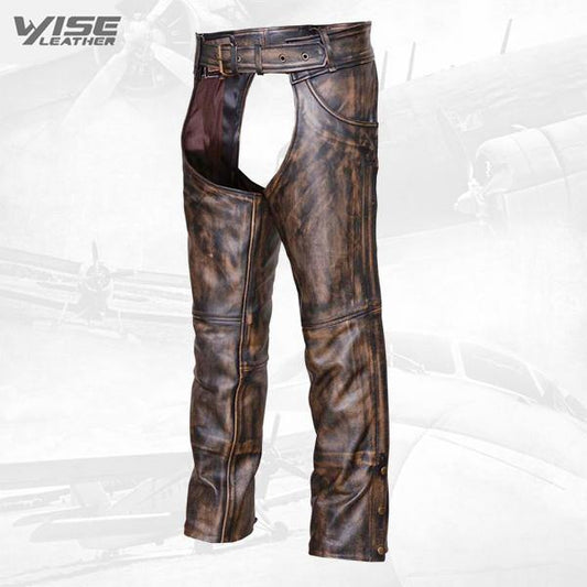 Brown Distressed Leather Motorcycle Chaps - Biker Chaps