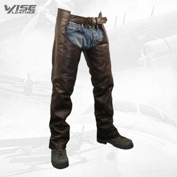 Brown Solid Premium Leather Motorcycle Chaps CLOSEOUT - Wiseleather