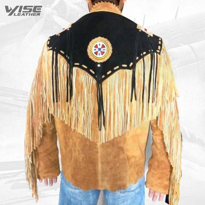 Brown Western Suede Leather Jacket Fringe Eagle Beads Patches Bones - Wiseleather