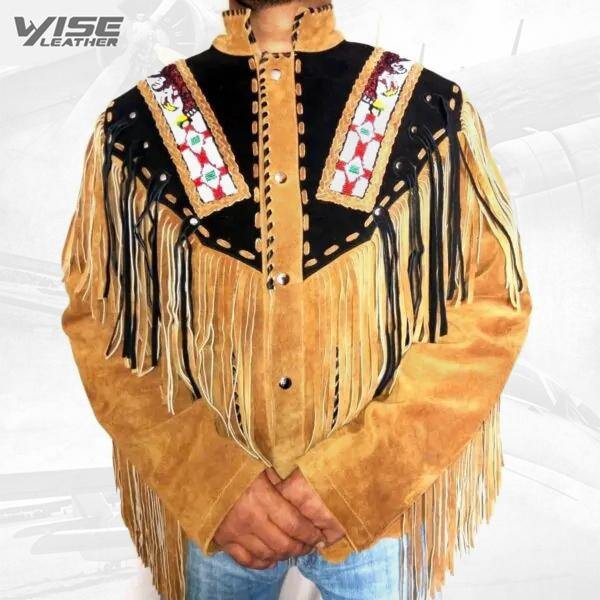 Brown Western Suede Leather Jacket Fringe Eagle Beads Patches Bones - Wiseleather