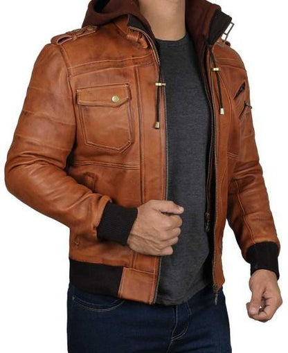 Mens Brown Leather Bomber Jacket With Hood - Wiseleather