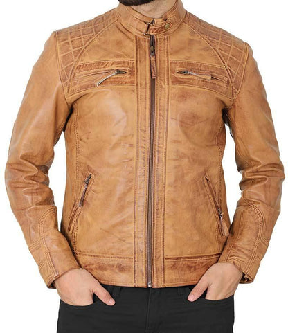 Quilted Brown Camel Distressed Leather Jacket for Men - Wiseleather