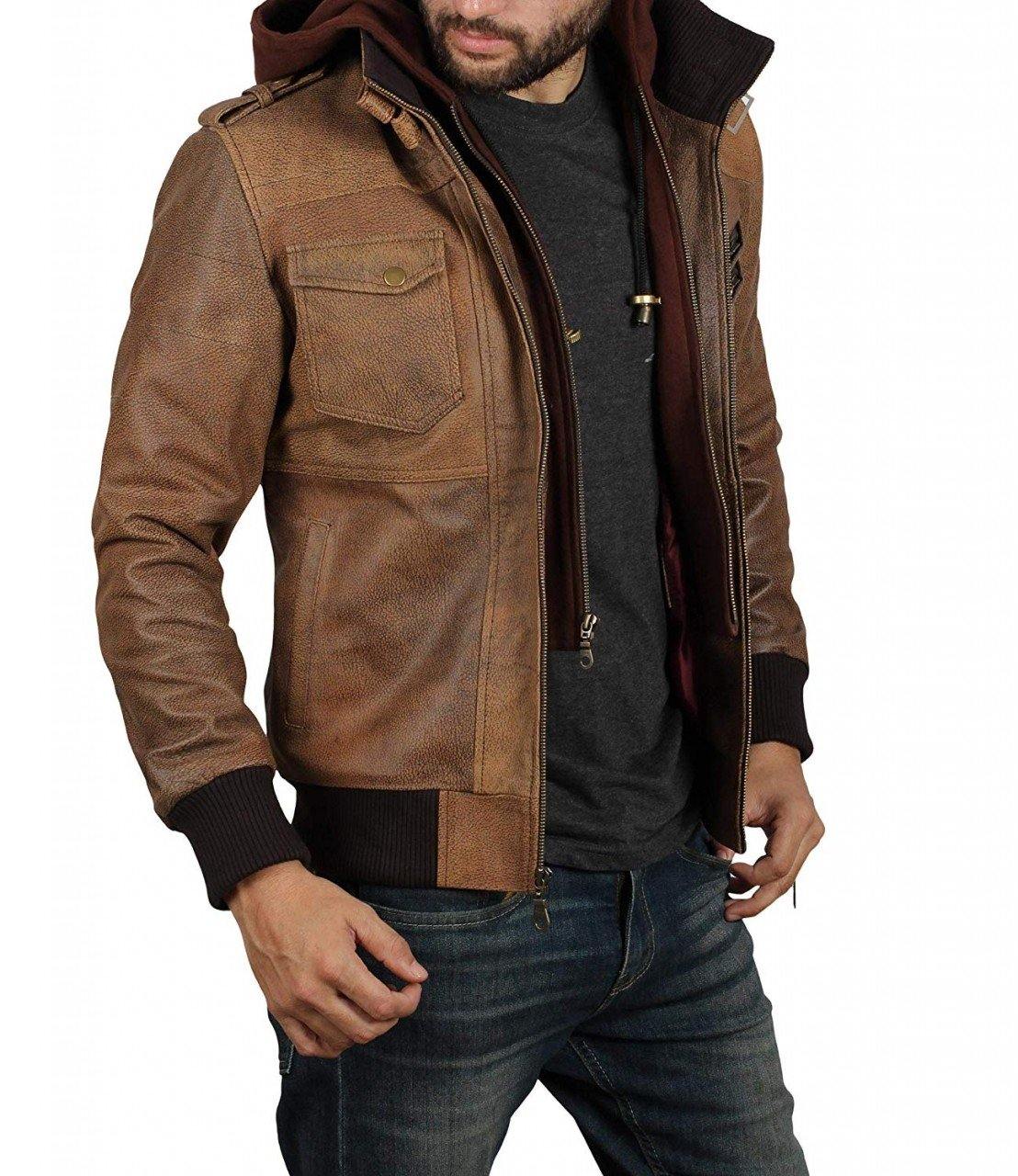 Bomber Style Distressed Brown Leather Camel Jacket with Hood - Wiseleather