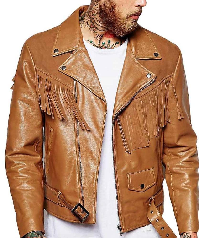 Brown Leather Asymmetrical Fringe Jacket Mens - Wiseleather