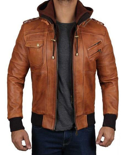 Mens Brown Leather Bomber Jacket With Hood - Wiseleather