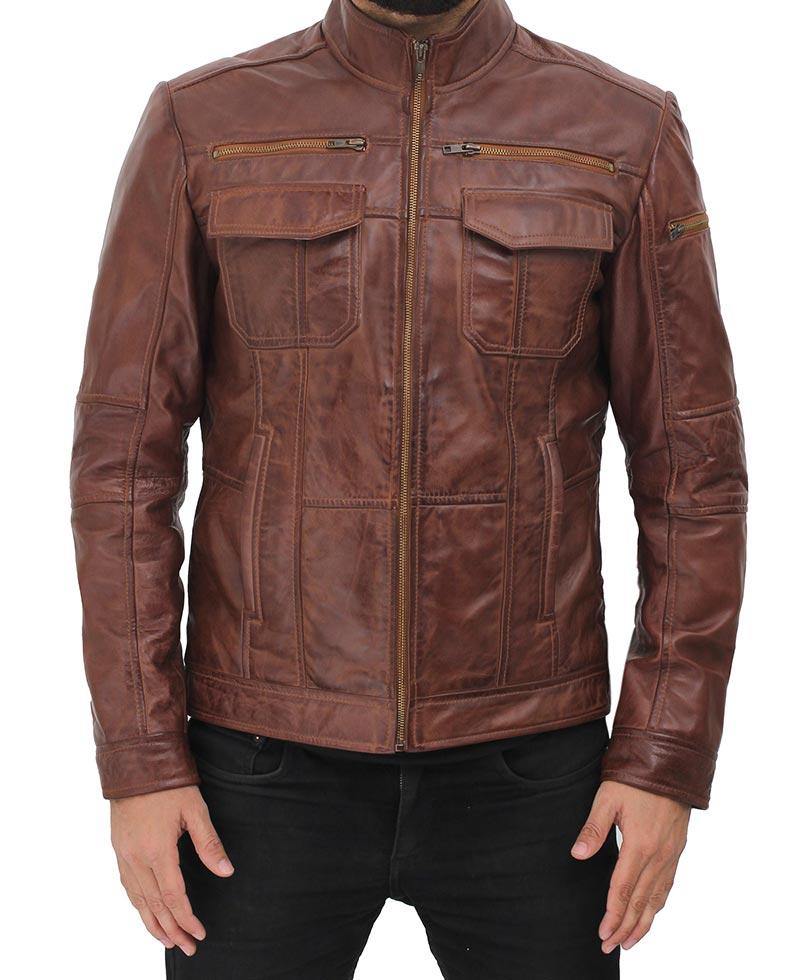 Two Pockets Brown Lambskin Wax Leather Jacket for Men - Wiseleather