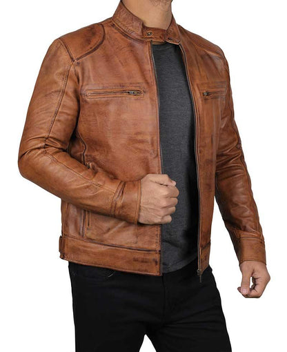 Brown Four Pocket Distressed Snap Collar Leather Cafe Racer Jacket - Wiseleather