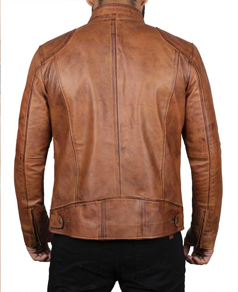 Brown Four Pocket Distressed Snap Collar Leather Cafe Racer Jacket - Wiseleather