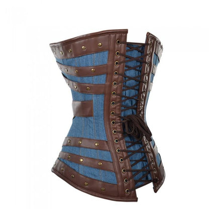 Harnock Denim Overbust Corset With Brown Faux Leather Buckle Detail