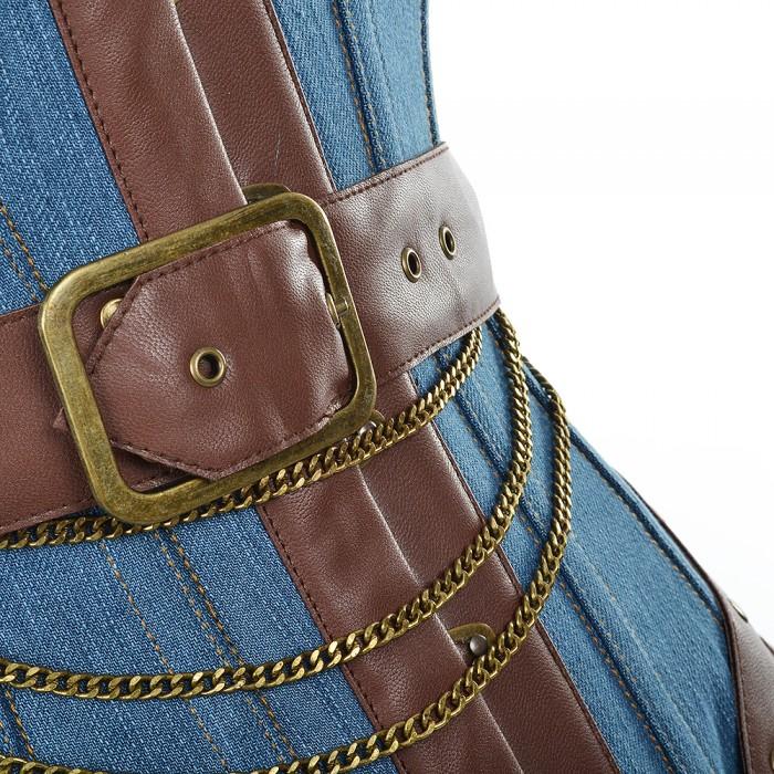 Harnock Denim Overbust Corset With Brown Faux Leather Buckle Detail